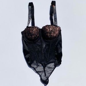 Victoria's Secret black & tan lace with satin corset open back bodysuit